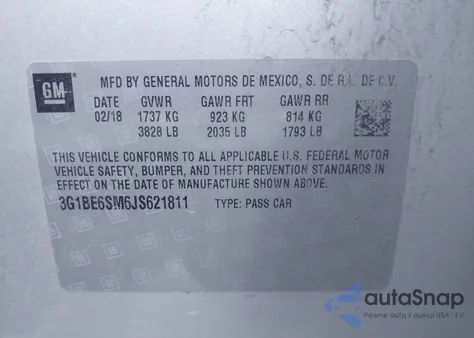 2018 Chevrolet Cruze Lt Auto z USA, uszkodzony, nr VIN 3G1BE6SM6JS621811